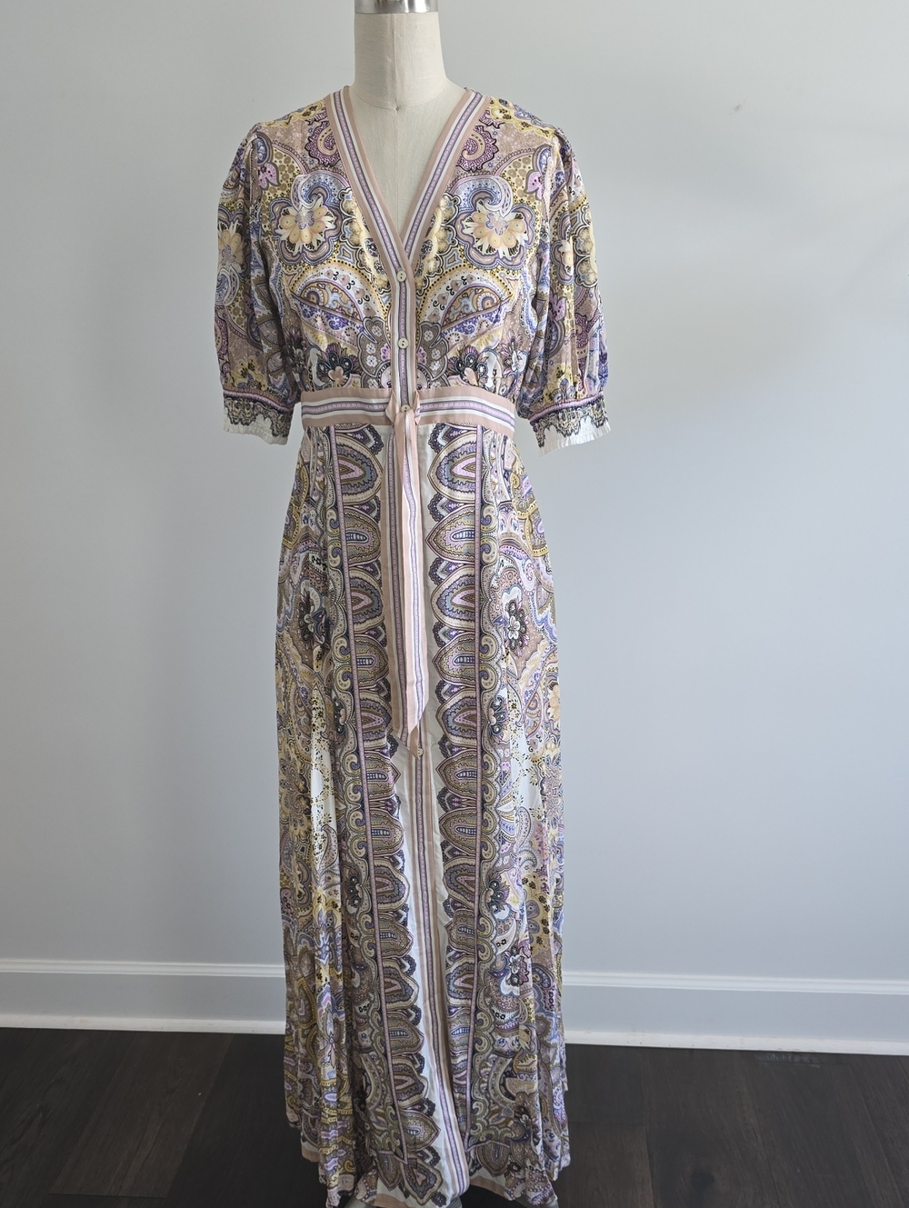 Hale Bob Paisley V-Neck Maxi Dress in Lavender, Cream, and Yellow